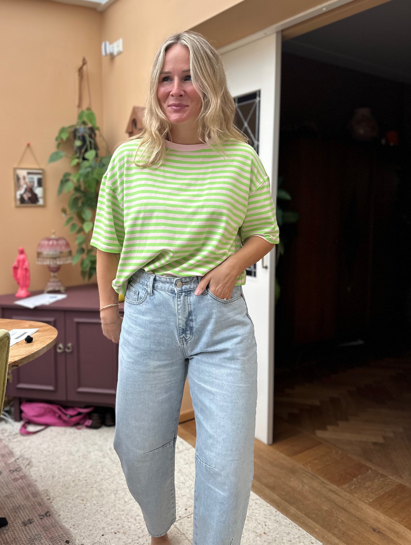 Beau - strepen t-shirt groen, zacht roze