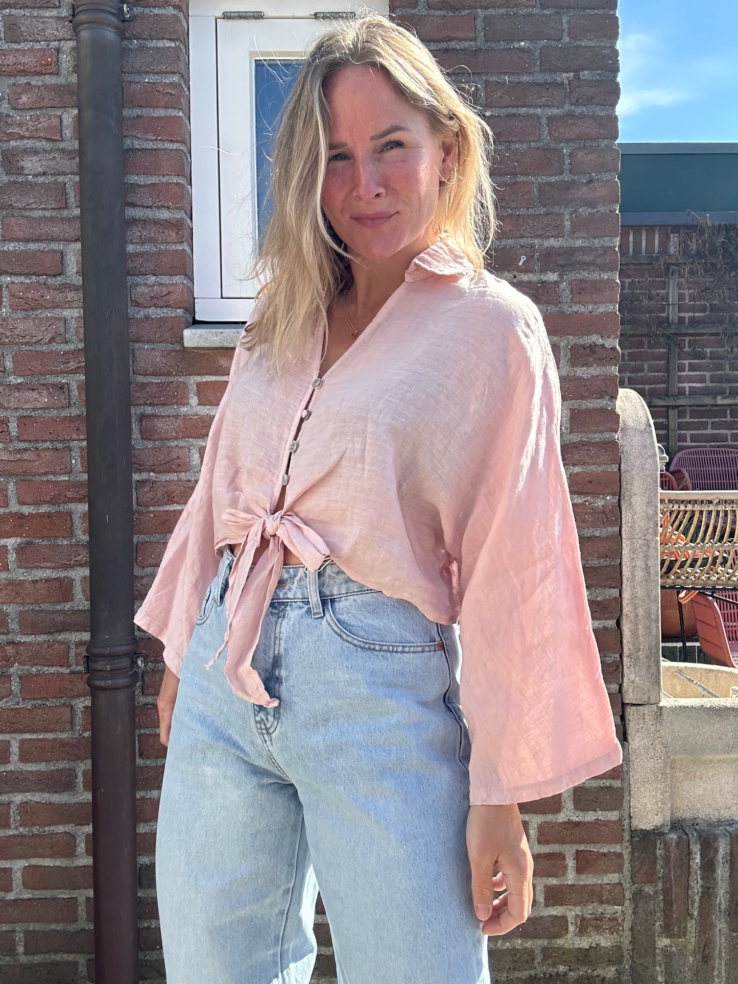 Duni - linnen blouse cropped roze