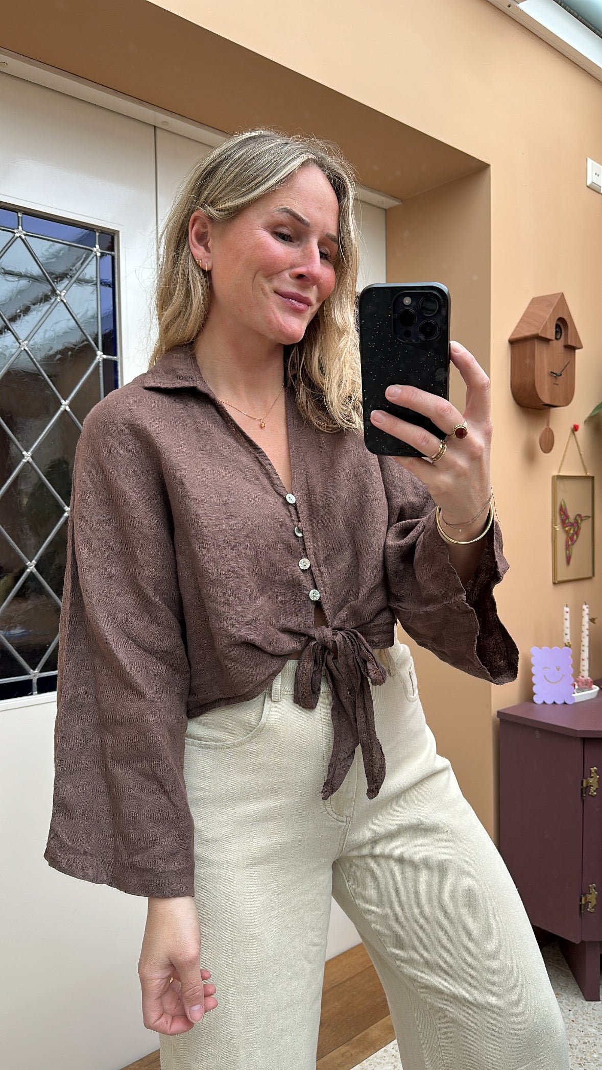 Duni - linnen blouse cropped bruin
