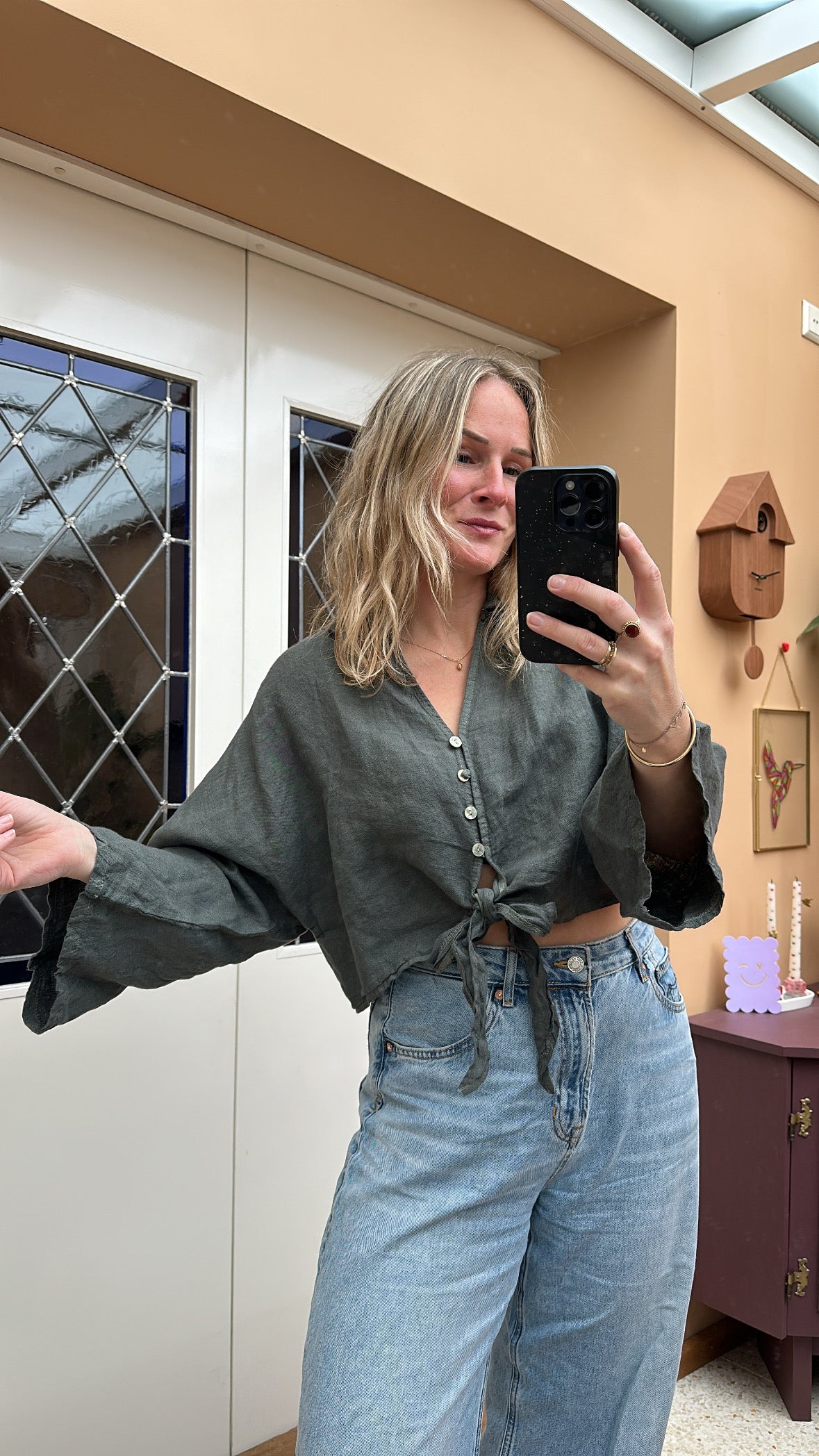 Duni - linnen blouse cropped groen/khaki