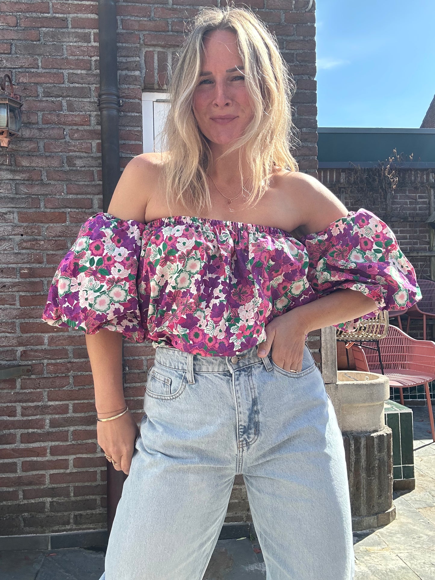 Betti - off shoulder bloemen top, paars