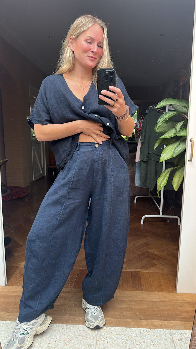 Ebby - linnen ballon broek donker blauw