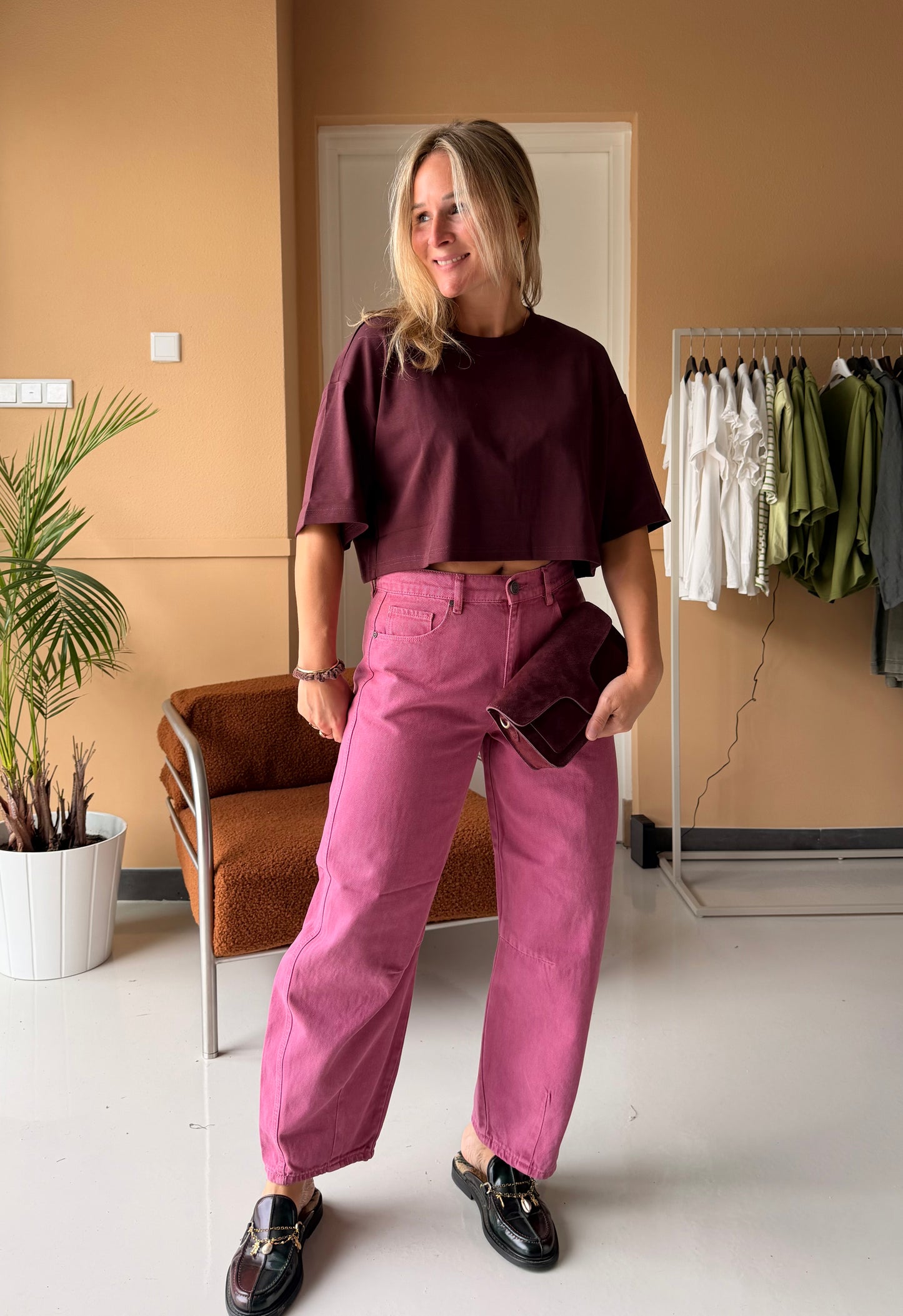 Fiora - barrel jeans roze
