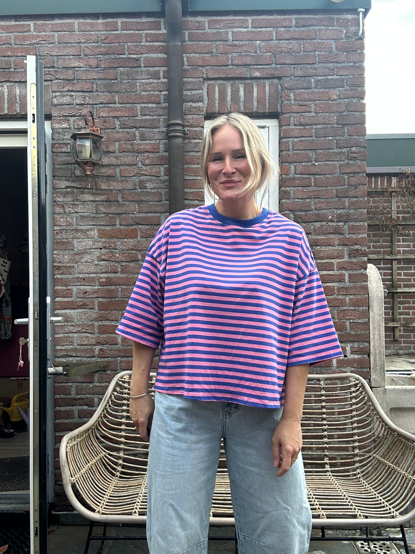 Fie - Strepen shirtje strik achter blauw/roze