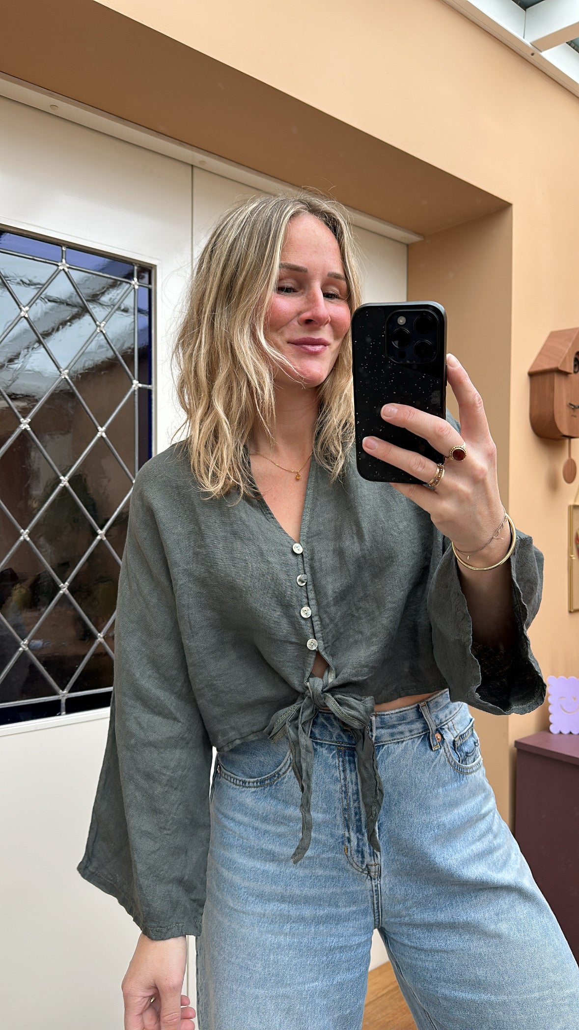 Duni - linnen blouse cropped groen/khaki