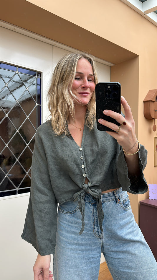 Duni - linnen blouse cropped groen/khaki
