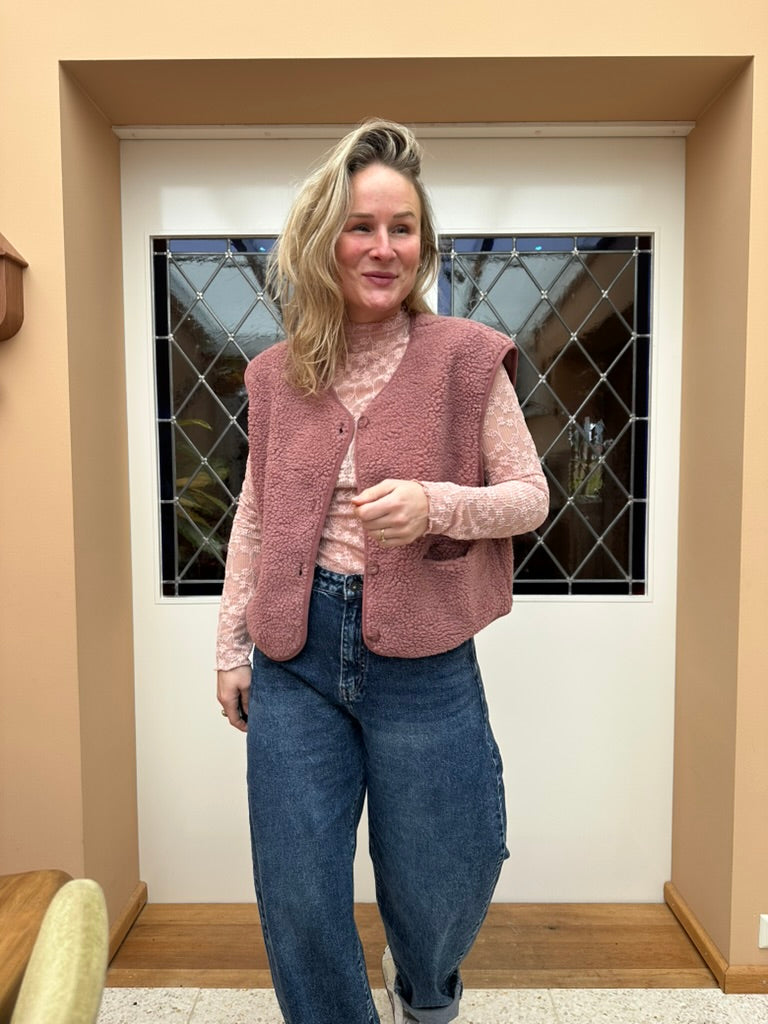 Bloem - oud roze teddy gilet