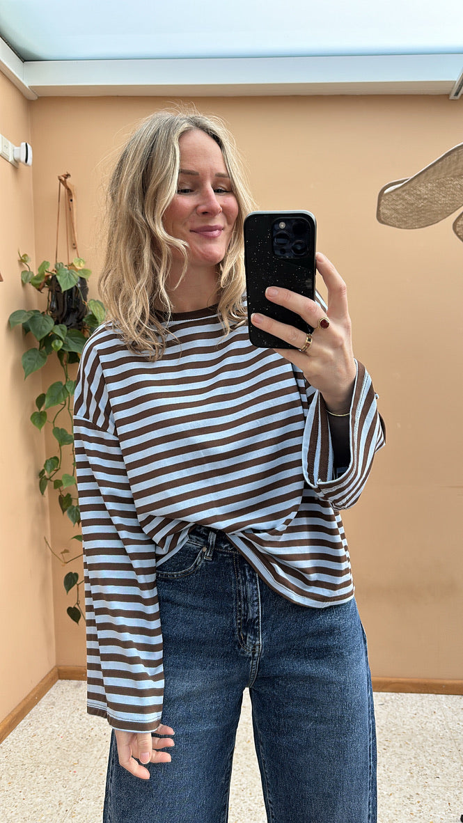 Beau - licht blauw / bruine strepen longsleeve