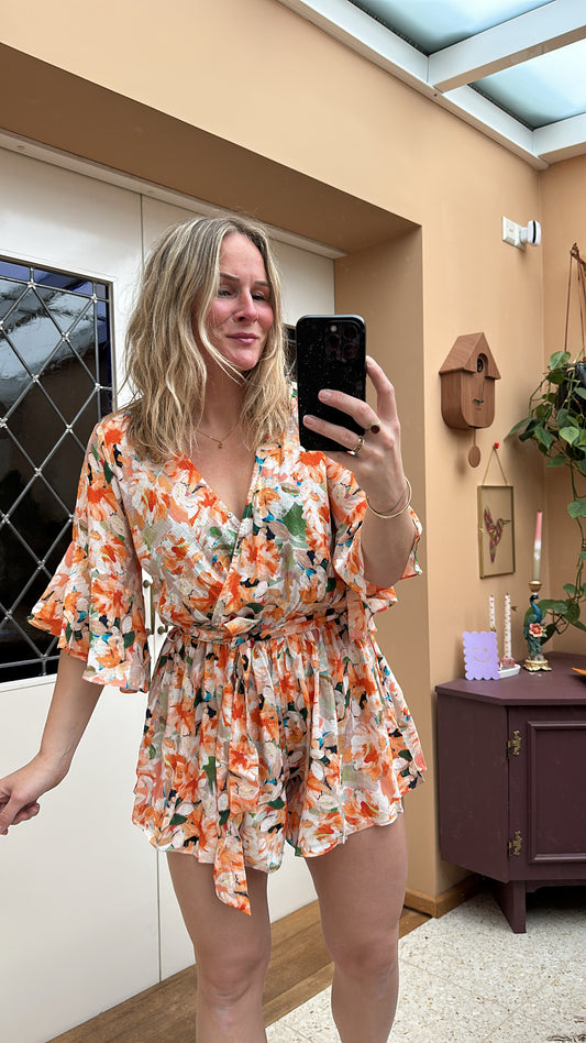 Dilas v-neck - playsuit bloemen oranje