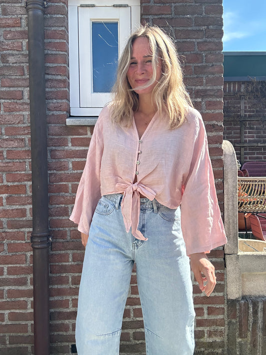 Duni - linnen blouse cropped roze