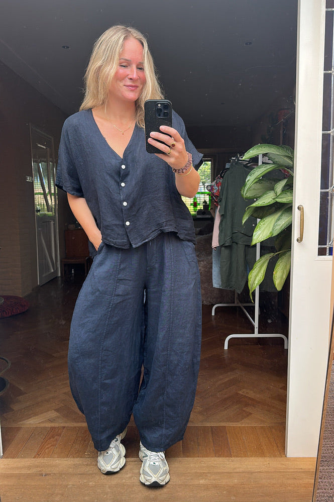 Ebby - linnen ballon broek donker blauw