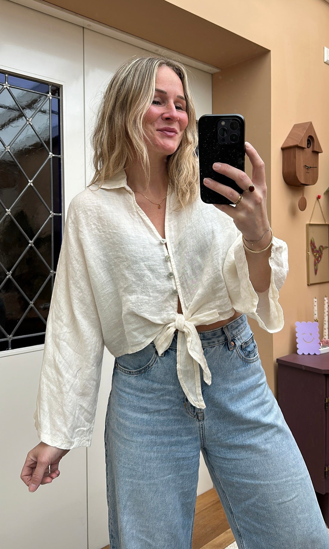 Duni - linnen blouse cropped crème