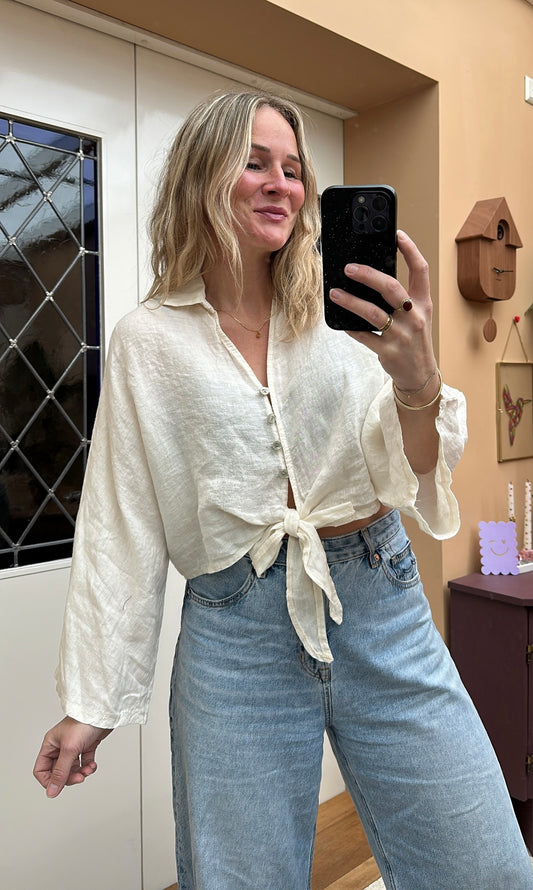 Duni - linnen blouse cropped crème