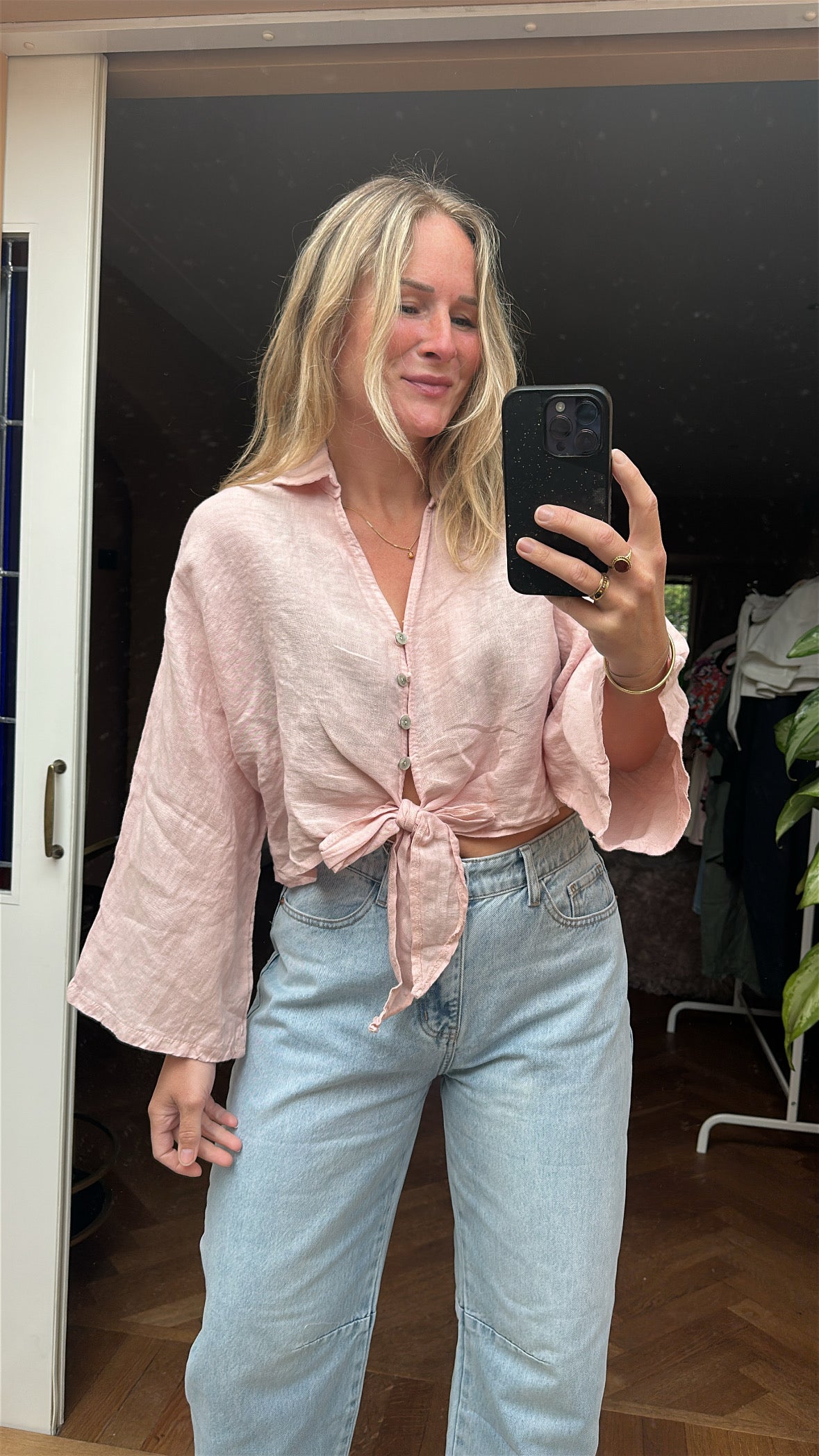 Duni - linnen blouse cropped roze