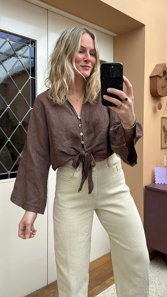 Duni - linnen blouse cropped bruin