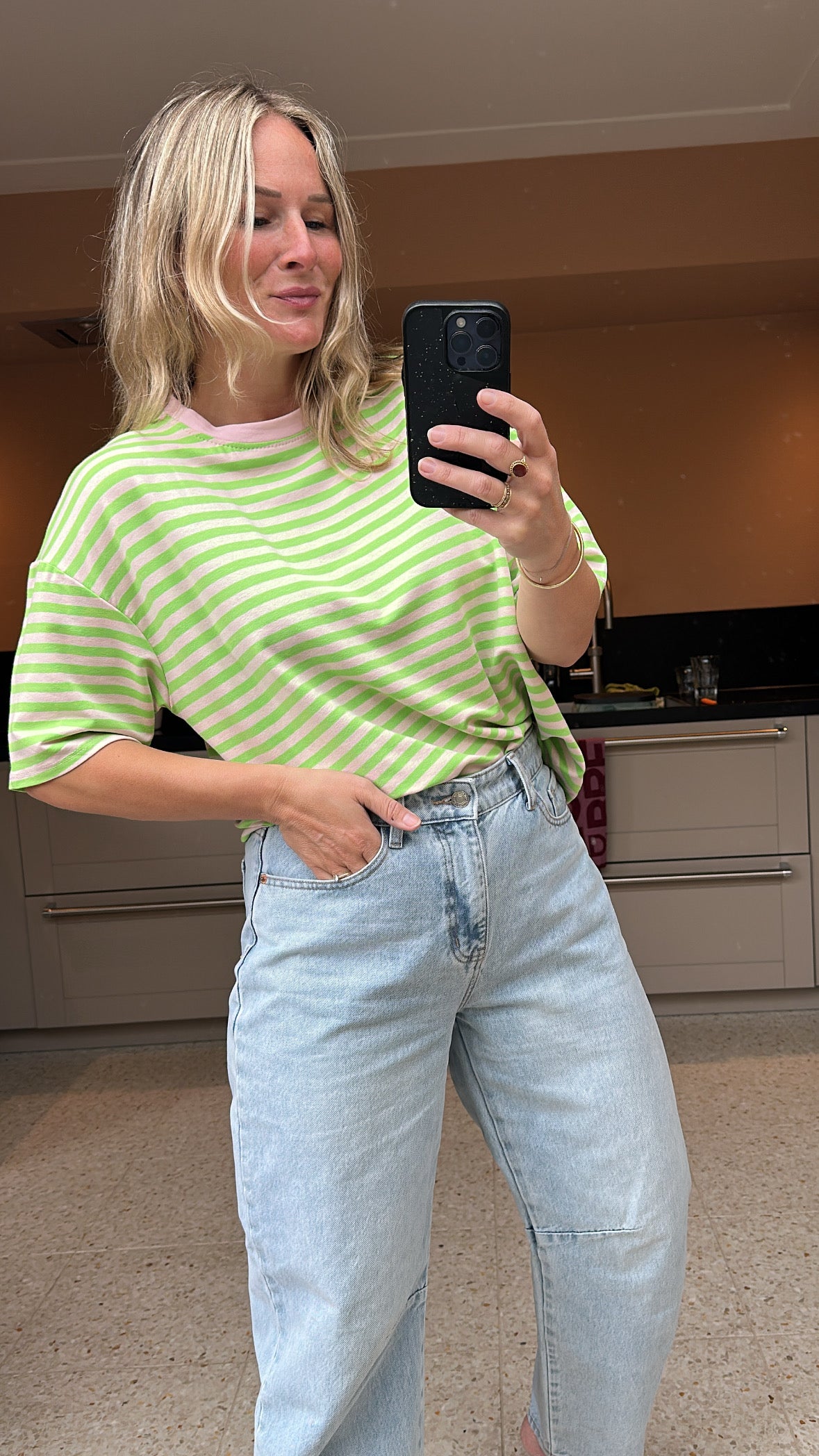 Beau - strepen t-shirt groen, zacht roze
