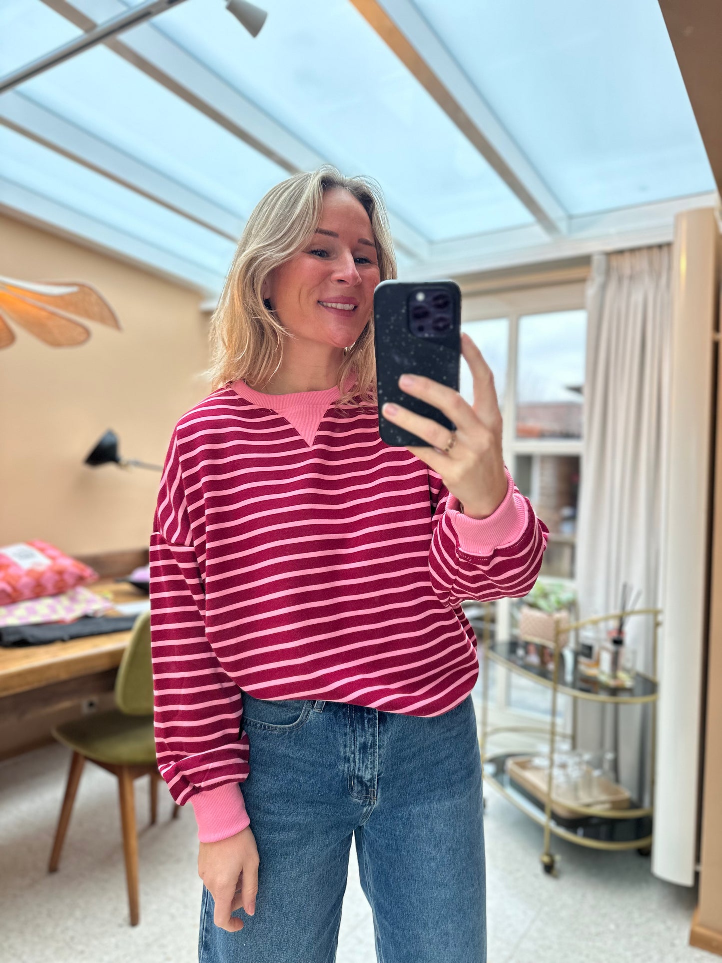 An - strepen oversized sweater roze rood