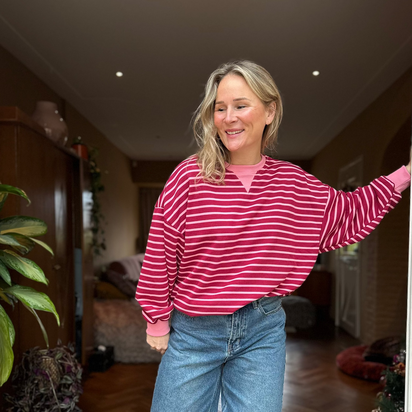 An - strepen oversized sweater roze rood